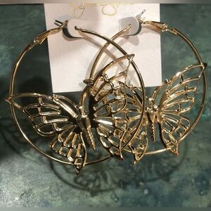 Jessica Simpson gold‎ plated butterfly hoop earrings new